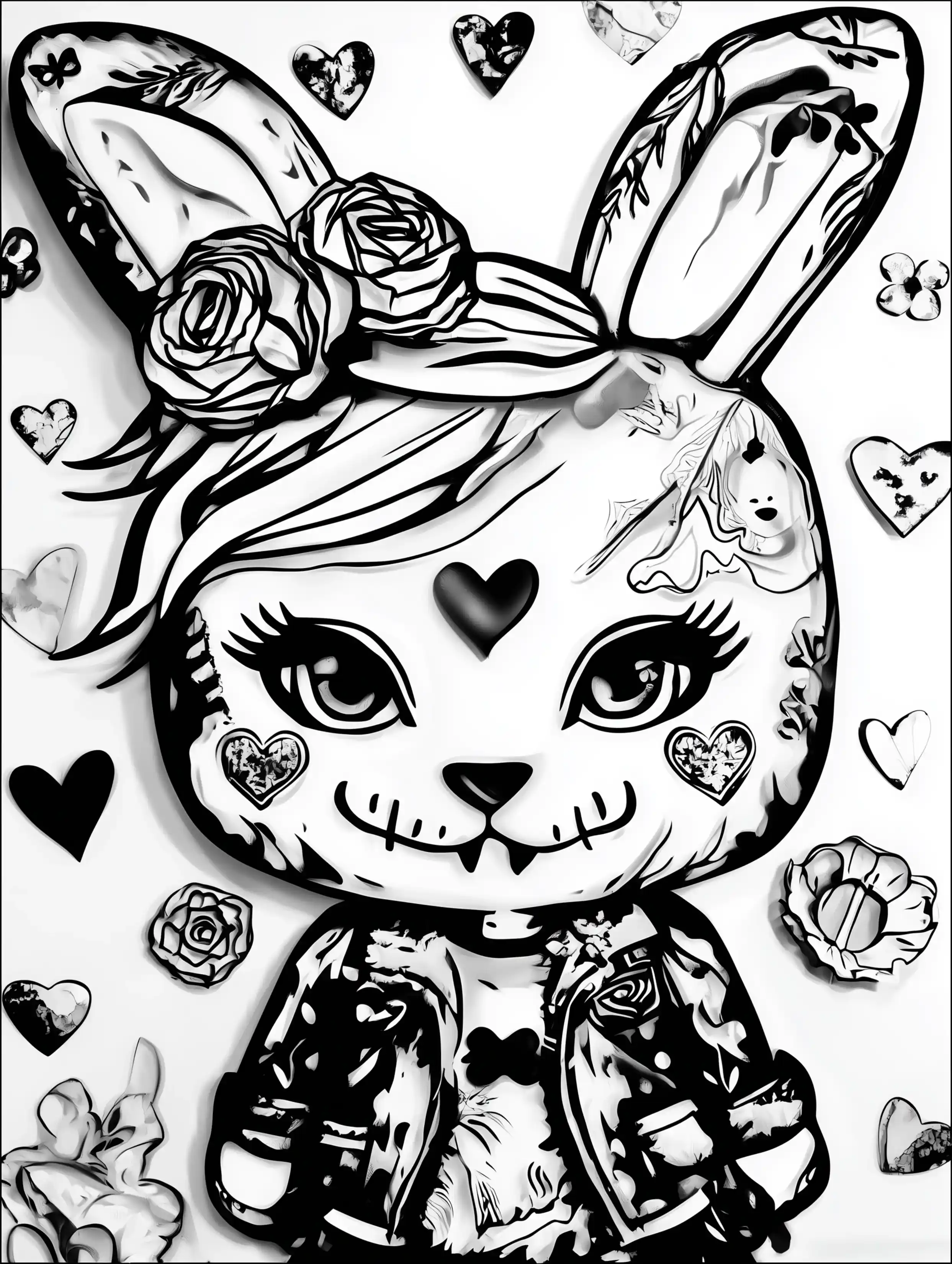 Free printable rabbit coloring page for adults featuring a vampire bunny with fangs